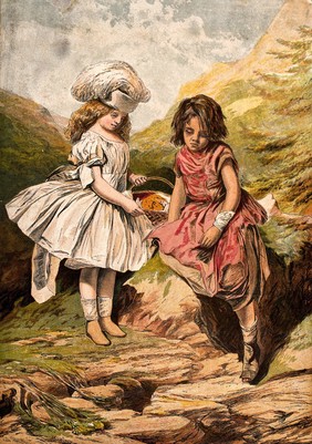 A very poor looking girl, sitting on a rock, is approached by a well-dressed girl who offers buns from the basket in her hand. Colour wood engraving after H. Tidey, 1867.