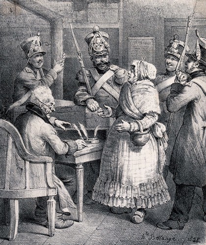 A woman is interrogated by an official who demands her name and status: she says she is a sensitive woman, but he requires a different kind of status, so she suggests that she is a woman of private means. Lithograph by Joseph Louis-Hippolyte Bellangé, 1828.