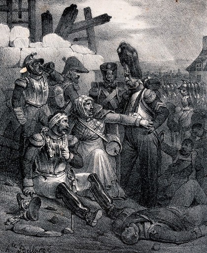 A woman camp-follower shields a wounded soldier on a battle field from the reprimands of his senior officer. Lithograph by Joseph Louis-Hippolyte Bellangé, 1824.