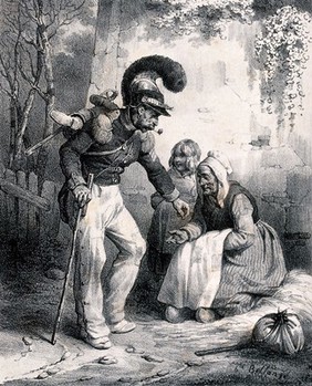 A soldier bends down to put some money into the hand of an old lady who is sitting on the side of the road. Lithograph by Joseph Louis-Hippolyte Bellangé, 1829.