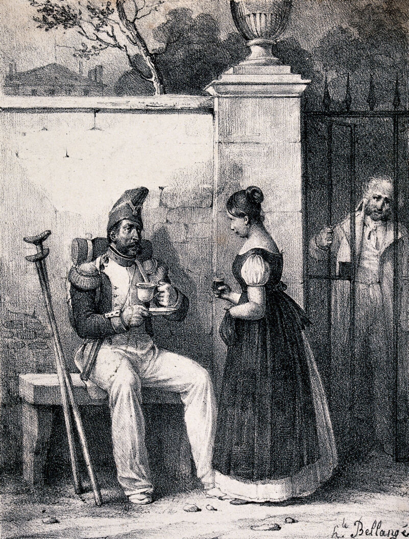 A veteran soldier with a pair of crutches is sitting on a bench talking to a young woman who has brought him some refreshment. Lithograph by Joseph Louis-Hippolyte Bellangé, 1825., [1825], by Hippolyte Bellangé