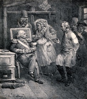 A woman and a man in dispute are brought before a man in authority: the man blames the woman for starting the dispute by calling him a drunkard, while he hides a bottle behind his back. Lithograph by Joseph Louis-Hippolyte Bellangé, 1824.