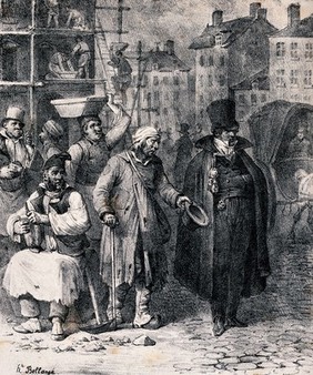 A street scene with building work going on: an old man holds his cap out to a well-dressed man who refuses to help him. Lithograph by Joseph Louis Hippolyte Bellangé.