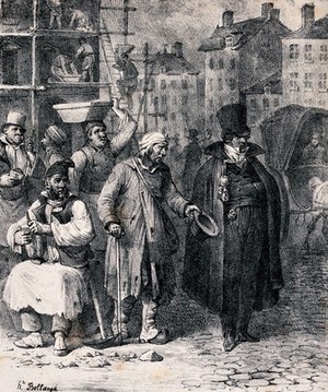 view A street scene with building work going on: an old man holds his cap out to a well-dressed man who refuses to help him. Lithograph by Joseph Louis Hippolyte Bellangé.