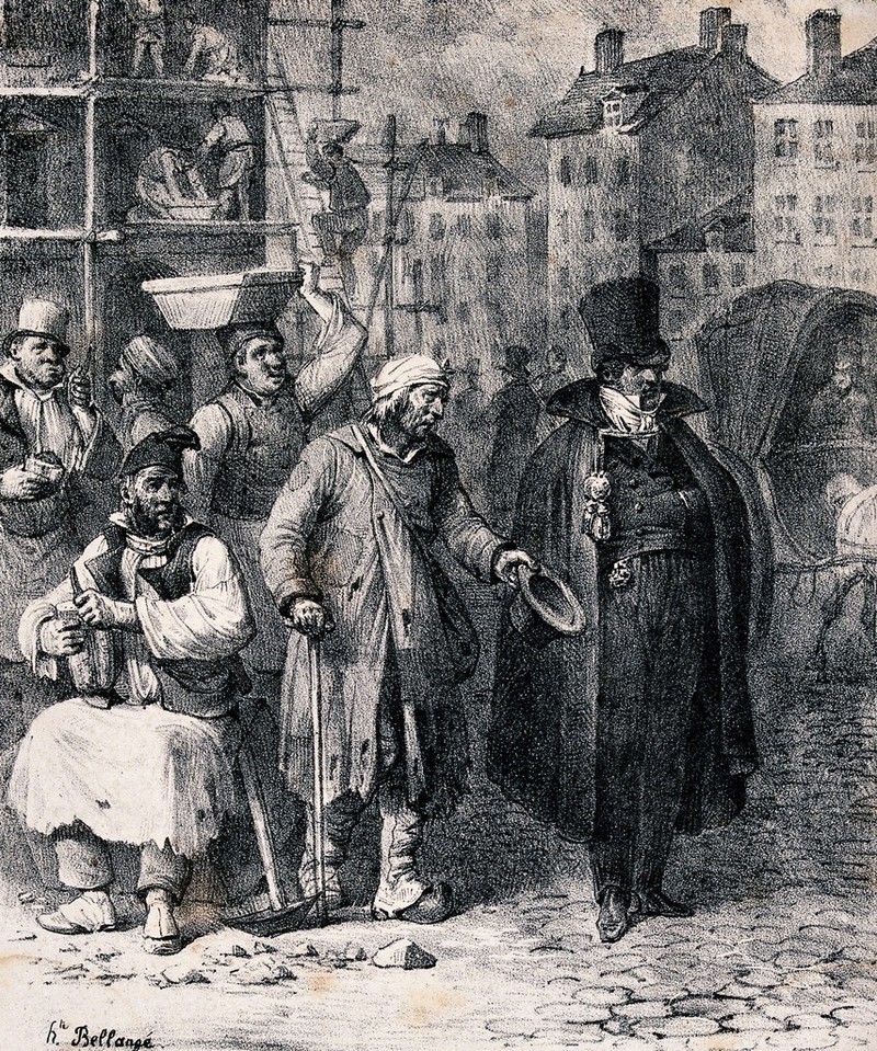 A street scene with building work going on: an old man holds his cap out to a well-dressed man who refuses to help him. Lithograph by Joseph Louis Hippolyte Bellangé., [1824], by Hippolyte Bellangé