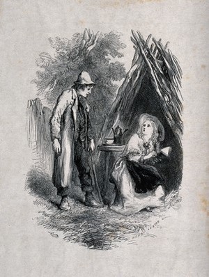 view A man in ragged clothing has come upon a woman sitting inside a shelter made of sticks, reading a book: she looks startled as he approaches. Wood engraving by H. Linton.