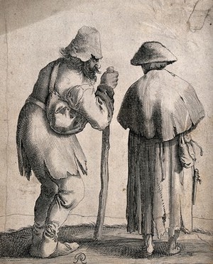 view Two beggars dressed in ragged clothing, one with a large stick, are walking together on the road. Etching.