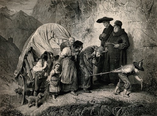 A homeless family are pulling a covered wagon up a steep mountain side, on the path they pass two priests in cassocks, carrying crosses. Wood engraving after M. Schmid.