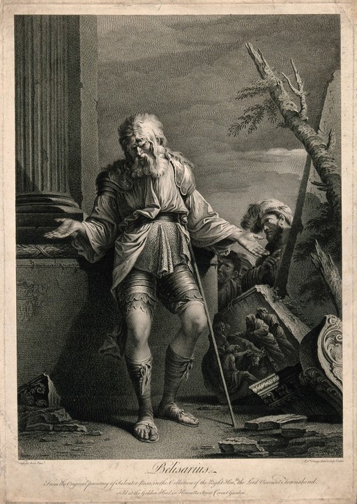 Belisarius as an old man, with a stick, leans against a column with broken masonry around him and stretches out his hands: he is watched by people in the background. Engraving by R. Strange after S. Rosa.
