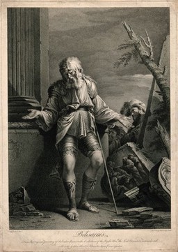 Belisarius as a blind old man with a stick, leans against a column with broken masonry around him and stretches out his hands: he is watched by people in the background. Engraving by R. Strange after S. Rosa.