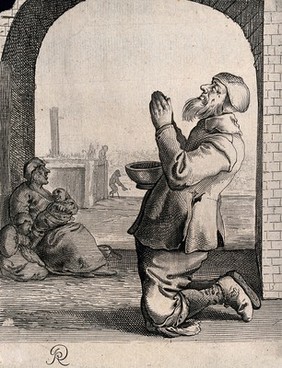 A man with a begging bowl is on his knees with his hands clasped, a woman with two children by her is sitting on the ground. Etching.