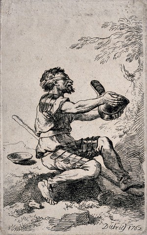 view An old man with a blindfold and wearing parts of armour on his arms and legs is holding out a begging bowl. Etching by Christian Wilhelm-Ernst Dietrich.