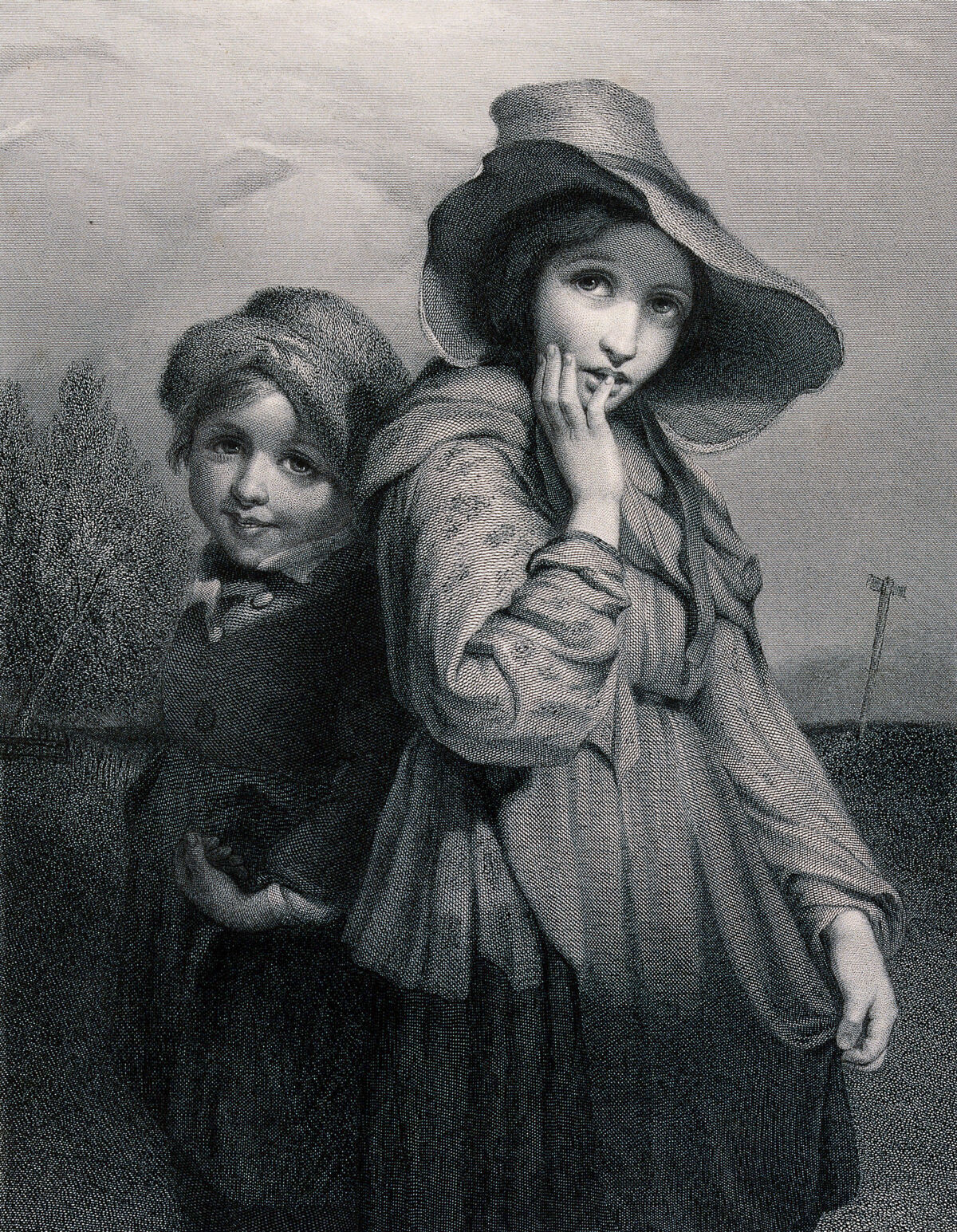 Two young children in ragged clothing learning to beg for money. Engraving by H. Bourne after R. Rothwell., by Richard Rothwell