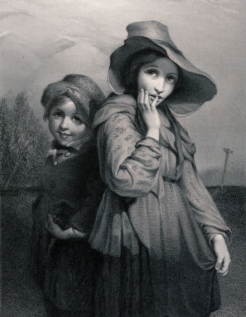 Two young children in ragged clothing learning to beg for money. Engraving by H. Bourne after R. Rothwell., by Richard Rothwell