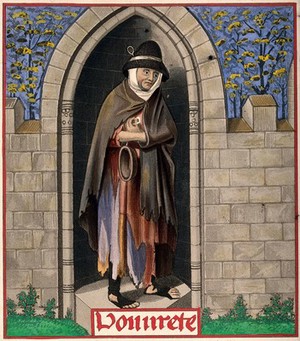 view A woman in ragged clothing stands inside a stone niche holding a bowl; representing poverty. Coloured aquatint by H. Shaw, 1843.