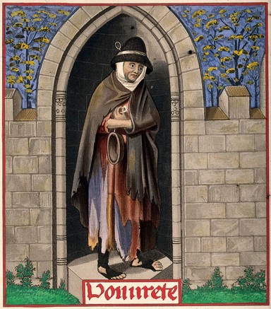 A woman in ragged clothing stands inside a stone niche holding a bowl; representing poverty. Coloured aquatint by H. Shaw, 1843.
