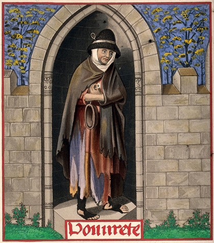 A woman in ragged clothing stands inside a stone niche holding a bowl; representing poverty. Coloured aquatint by H. Shaw, 1843.