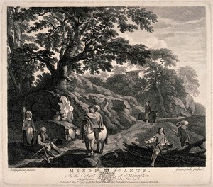 view A man begging for alms at the side of a road is holding out his cap to a traveller on horseback. Engraving by James Peake, 1777, after J. Courtois, il Borgognone.