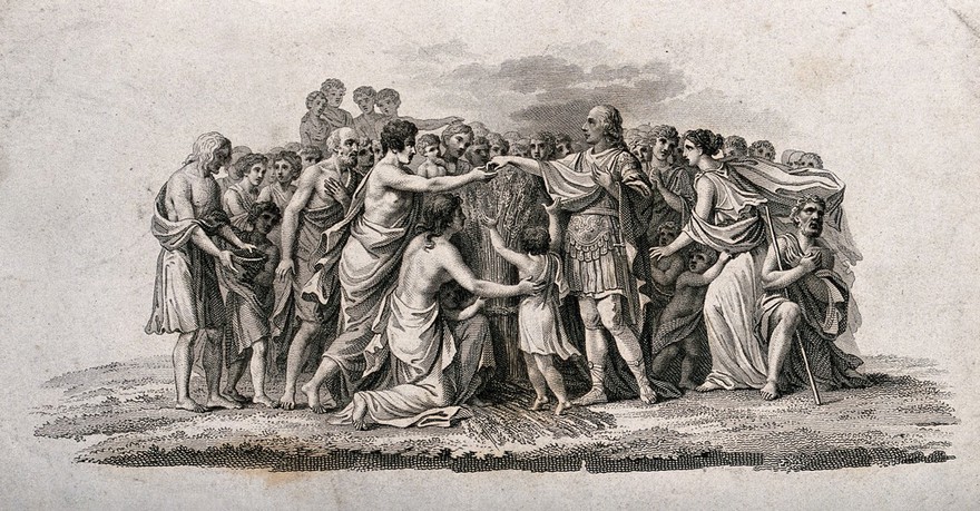 A king (?) handing out alms to a crowd of people, over a sheaf of corn. Etching.