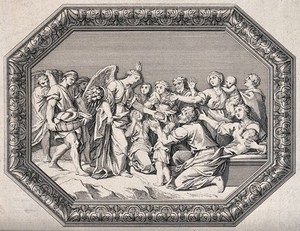 view A crowd of poorly-dressed people are reaching out their hands to an angel who is carrying a container with food in it and others with baskets of bread and canisters. Etching.