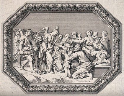 A crowd of poorly-dressed people are reaching out their hands to an angel who is carrying a container with food in it and others with baskets of bread and canisters. Etching.