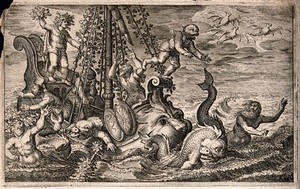 view Bacchus captured by sailors transforms them into dolphins. Engraving by J. Matham after D. Vinckeboons..