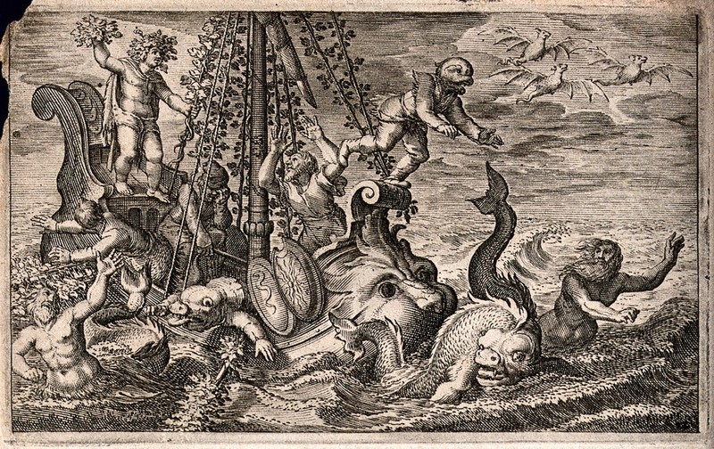 Bacchus captured by sailors transforms them into dolphins. Engraving by J. Matham after D. Vinckeboons.., [1616], by David Vinckboons