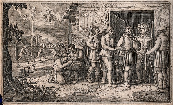 The god Bacchus presenting wine to countrymen; left, Icarus being beaten by drunken men. Engraving by J. Matham after D. Vinckeboons.