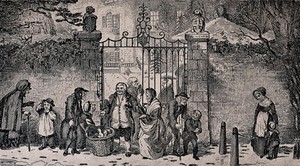 view An English gentleman stands at the open gates of his mansion handing out food to the poor who are gathered around. Etching by R. Seymour.