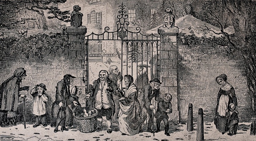 An English gentleman stands at the open gates of his mansion handing out food to the poor who are gathered around. Etching by R. Seymour.
