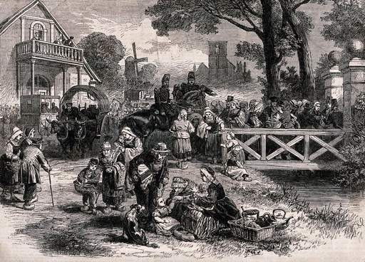 Crowds of people are gathered on a bridge and on the bank of a river, soldiers on horse-back are directing them and they are being given help. Wood engraving by M. Jackson.