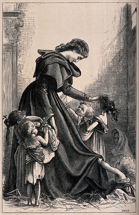 A woman wearing a long dress is surrounded by small children, an old woman wearing a shawl sits in the corner. Wood engraving by Swain.