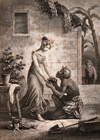 Virginie giving a bowl of food to a starving black slave woman who has fled from her master. Engraving by E. Rouargue, 1824, after A. Desenne.