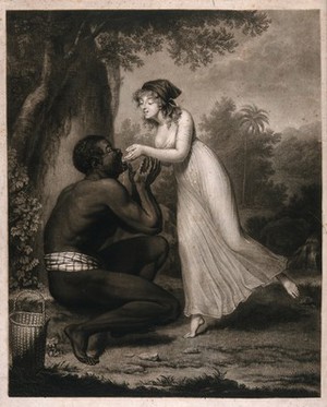 view Louise Chevalier in the role of Virginie is feeding water from her hands into the mouth of a black man in a loin-cloth. Mezzotint by J. Ward, 1799, after C. Henard.