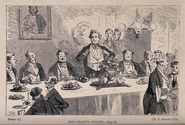 A man is standing to give a speech at a charity dinner. Wood engraving by F. Wentworth after H.K. Browne (Phiz).