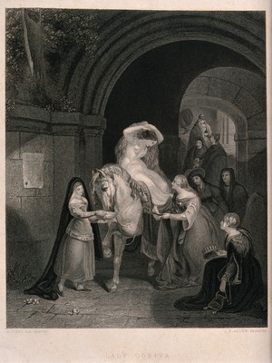 view The semi-naked Lady Godiva sitting on a horse having slippers put on her feet by another woman. Engraving by J.B. Allen after G. Jones.