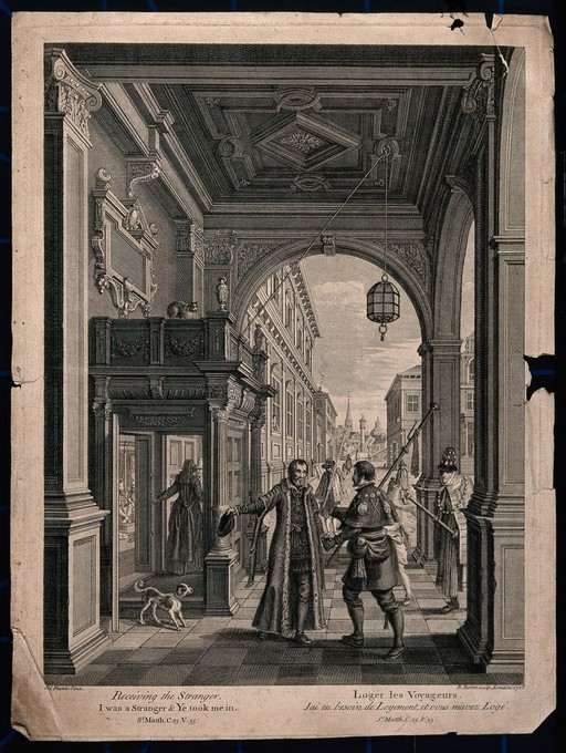 An old man in a long cloak with a cap in his hand is being prevented from entering a large building (?). Engraving by B. Baron after Frans Francken the elder.