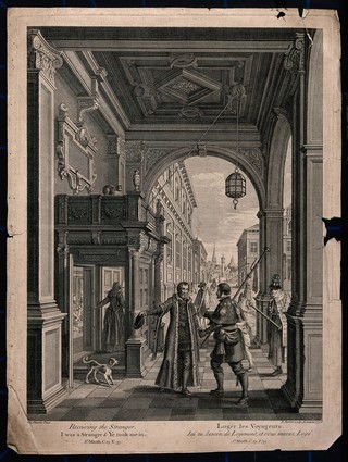 A pilgrim is given lodging by a rich man. Engraving by B. Baron after Frans Francken the elder.