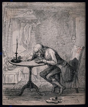 view An old man leans over a table counting the money in his hand as a girl peeps through the door. Etching by T. Sibson.