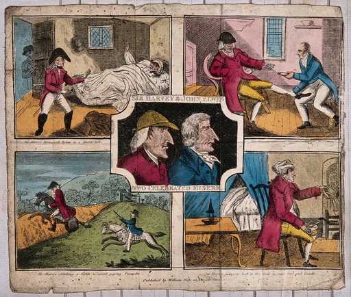 A man discovered lying in bed; a man holding another's leg; a man on horse-back being chased by another; a man in a nightcap pours water on the fire. Coloured etching.