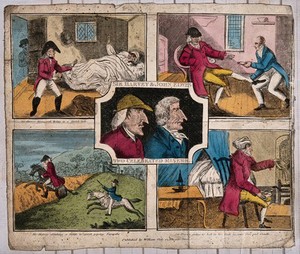 view Sir Hervey Elwes and his nephew John Elwes: with four episodes in the life of Sir Hervey evincing miserliness. Coloured etching.