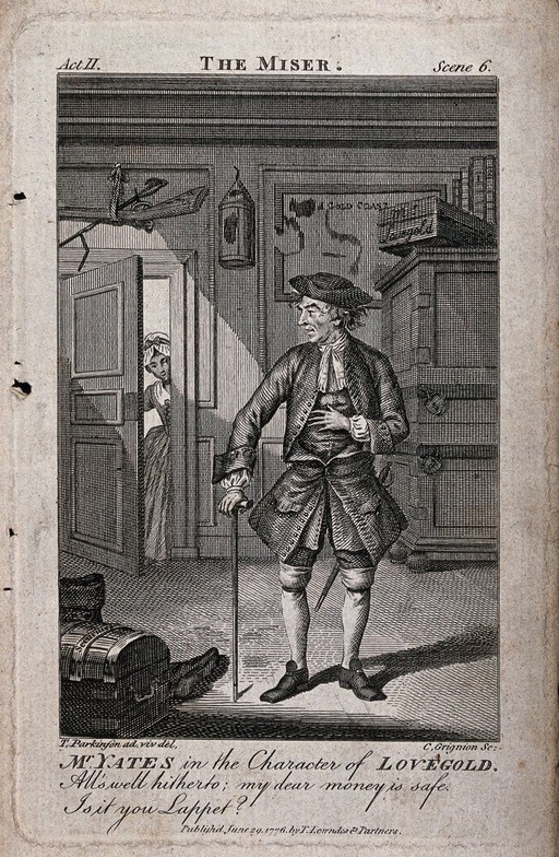 A man is standing in a room with chests in it as a young girl peeps through the doorway. Engraving by C. Grignion after T. Parkinson after himself.