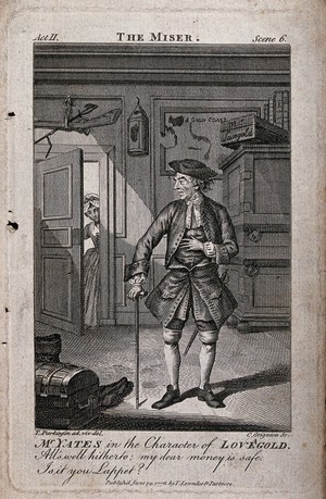 view Richard Yates in character as the miser Lovegold standing in a room of his London townhouse as a maid enters. Engraving by C. Grignion after T. Parkinson.