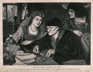 view An old man is sitting at a table counting his money as a young couple look at one another over his head. Wood engraving by M. Klinkicht after L. Löfftz.