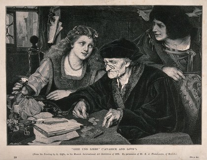 An old man is sitting at a table counting his money as a young couple look at one another over his head. Wood engraving by M. Klinkicht after L. Löfftz.