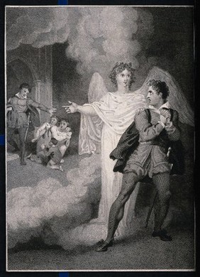 An angel is pointing out to a young man two children who are being ordered away from a house. Engraving.