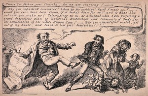 view A man who claims to be a philanthropist kicks out at a starving family who have asked for help. Process print after G. Cruikshank, 1848.