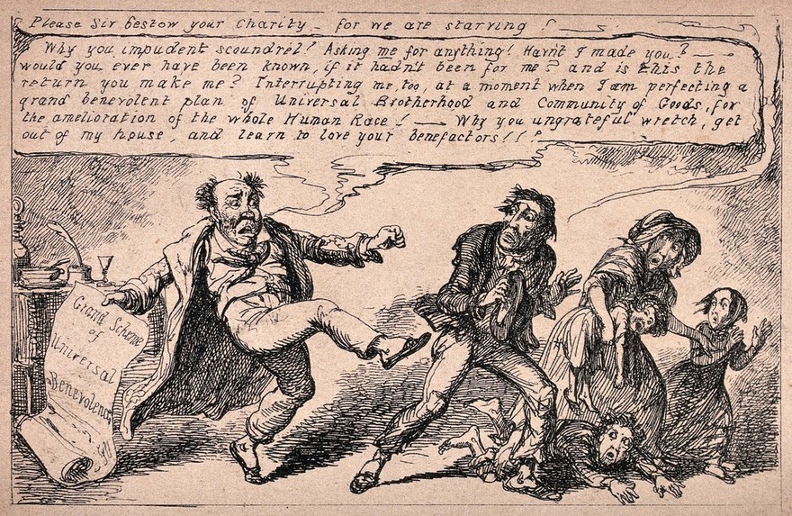 A man who claims to be a philanthropist kicks out at a starving family who have asked for help. Process print after G. Cruikshank, 1848.