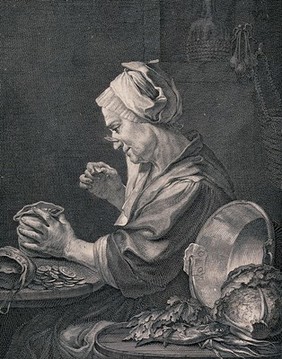 A woman is sitting in a kitchen looking closely at a coin in her hand while a bag of money sits on the table. Engraving by D. Sornique after F.A. Kraus.