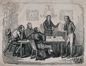 view A man in his office is confronted by an innkeepr who presents him with a wine bill, in the presence of other men. Wood engraving.